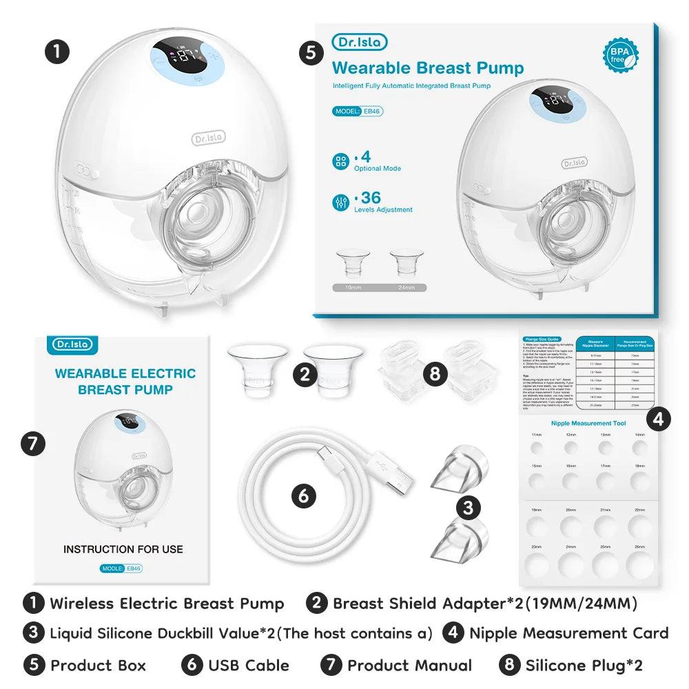 Portable breast pump with LED display, 4 modes, 36 levels